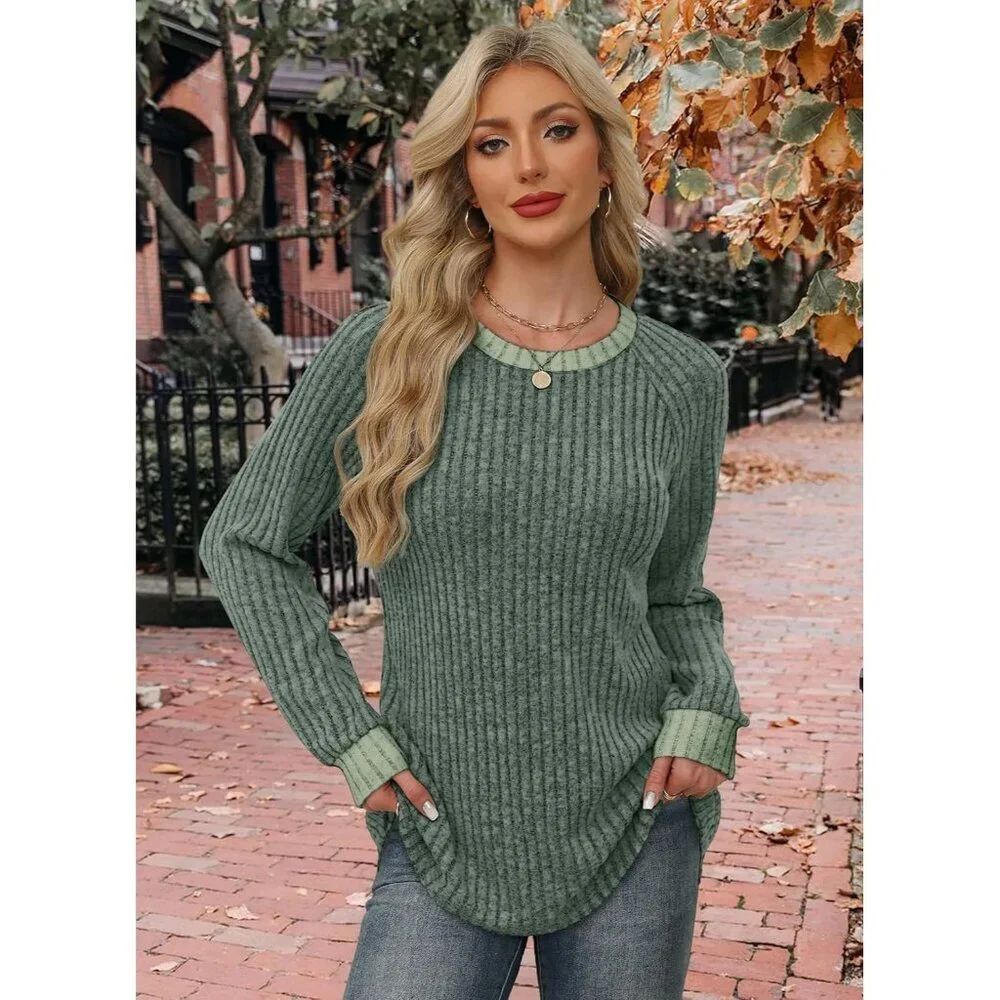Women's Green Color Block Long Sleeve Shirt Lightweight Sweater Fall 2025 - Picture 3 of 5